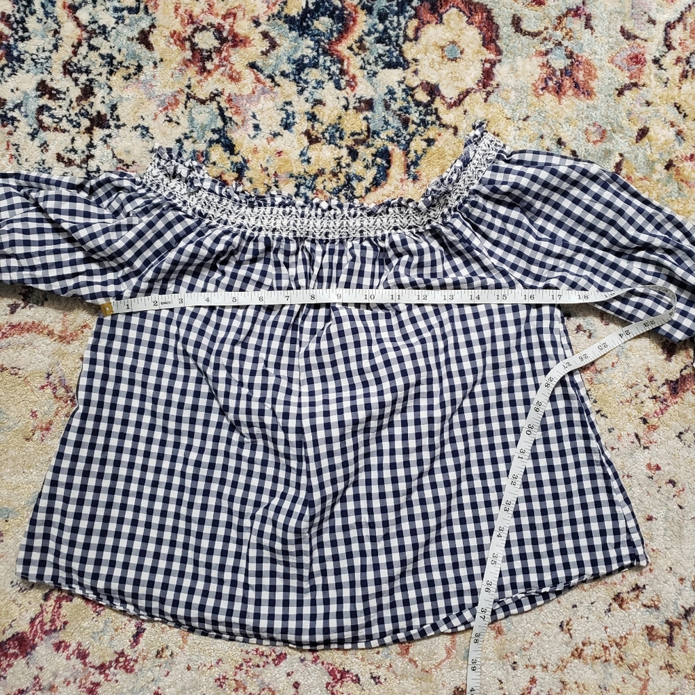Madewell Smocked Gingham Off Shoulder Cropped Top Blue White Size Small - Picture 10 of 10